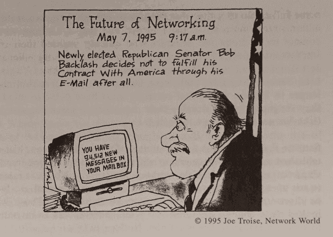 A political cartoon of a man sitting in front of a computer looking worried. The screen says he has 94,512 messages and the captions says he has decided not to fulfill his Contract with America through email