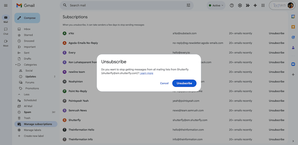 Gmail’s subscriptions management UI