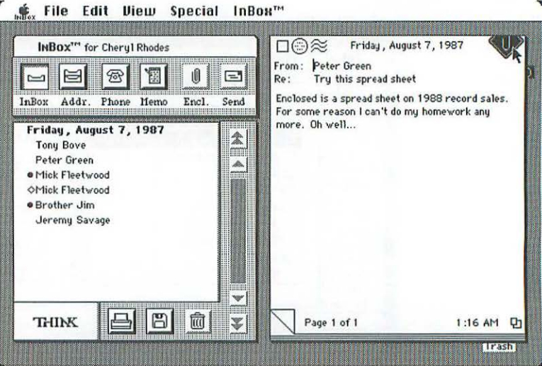 A screenshot of Think Technologies’ InBox email client in 1987. On the left is a list of messages sorted by date. On the right is an example message displayed on a digital representation of a notepad, complete with postage stamp and paperclip for attachments.