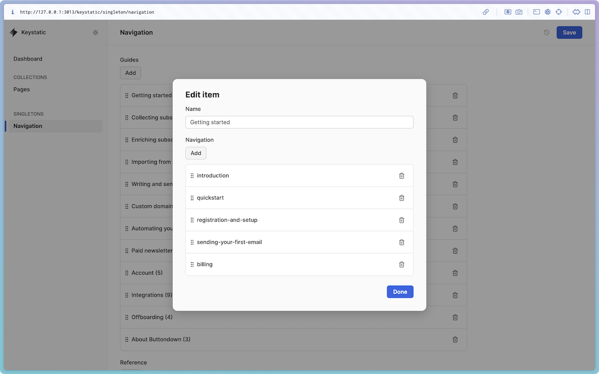 Editing the new documentation site’s navigation hierarchy in Keystatic