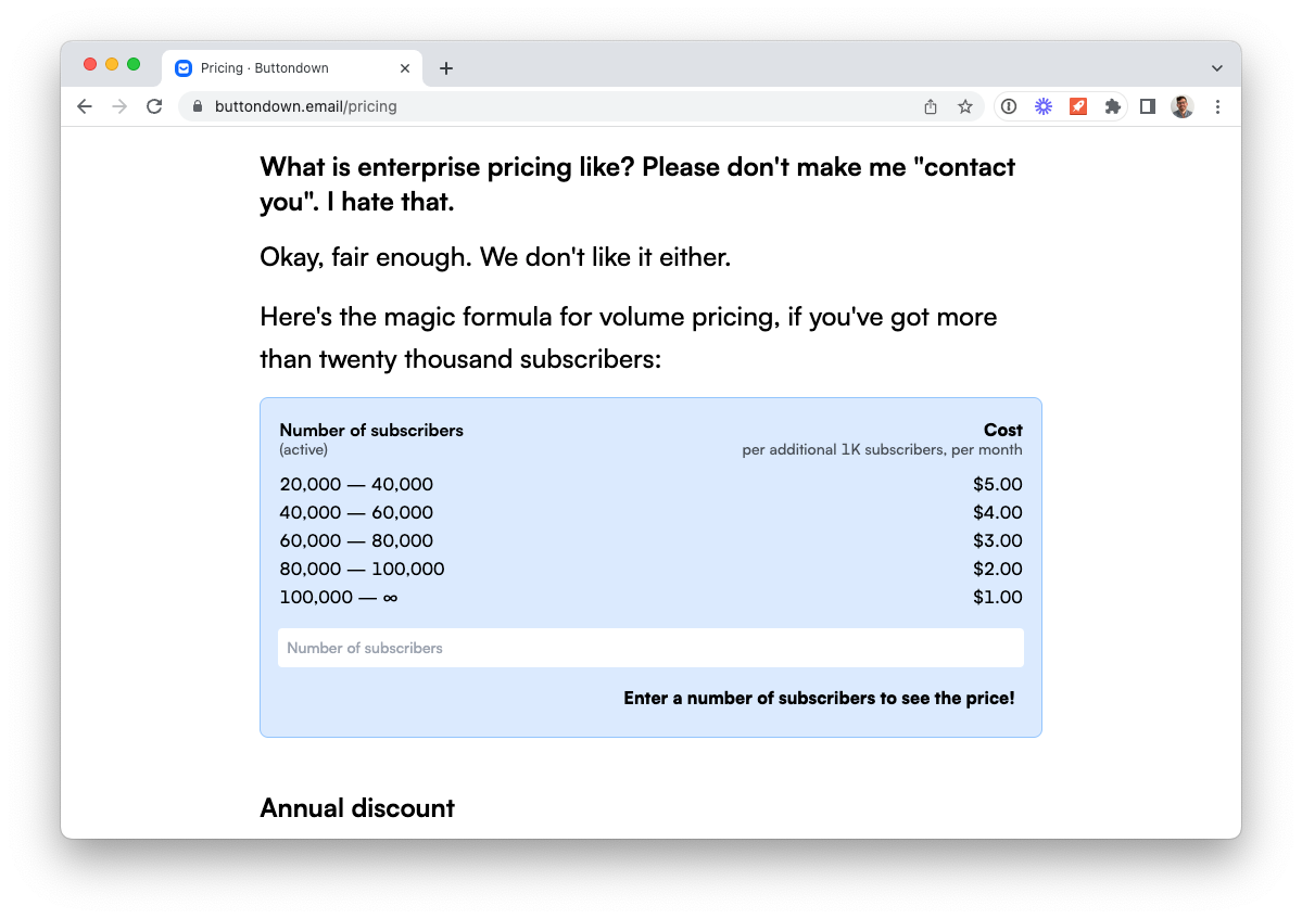 Buttondown's pricing page circa 2023